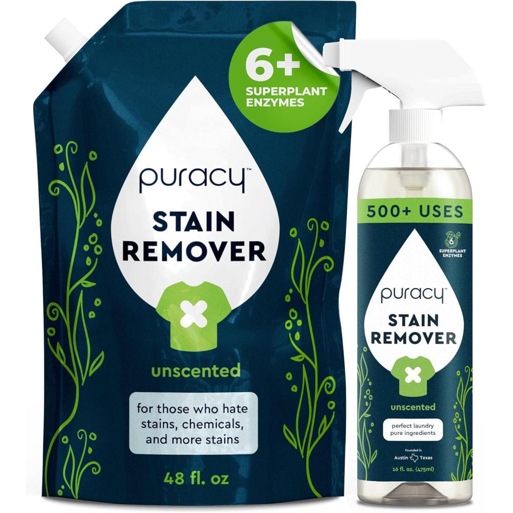 image:imagePuracy Stain Remover Travel and Laundry Stain Cleaner for Clothes Baby Essentials Kids Stains Oil and Fabric Spot Cleaner Stain Remover Spray 4 fl ozStain Remover Spray and Refill  64 fl oz