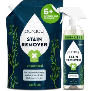 Puracy Stain Remover, Travel and Laundry Stain Cleaner for Clothes, Baby Essentials, Kids Stains, Oil and Fabric Spot Cleaner, (Stain Remover Spray, 4 fl oz)(Stain Remover Spray and Refill  64 fl oz)