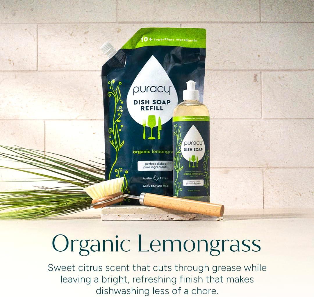 image:imagePuracy Natural Dish Soap Refill SkinSoftening PlantBased Liquid Dishwashing Detergent Soap CleanRinsing WaterSheeting Formula Organic Lemongrass 48 fl ozLemongrass