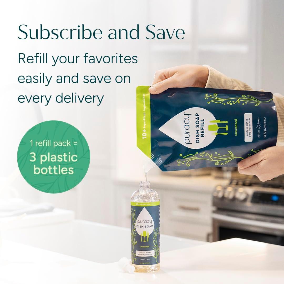 image:imagePuracy Natural Dish Soap Refill SkinSoftening PlantBased Liquid Dishwashing Detergent Soap CleanRinsing WaterSheeting Formula Organic Lemongrass 48 fl ozFree Clear