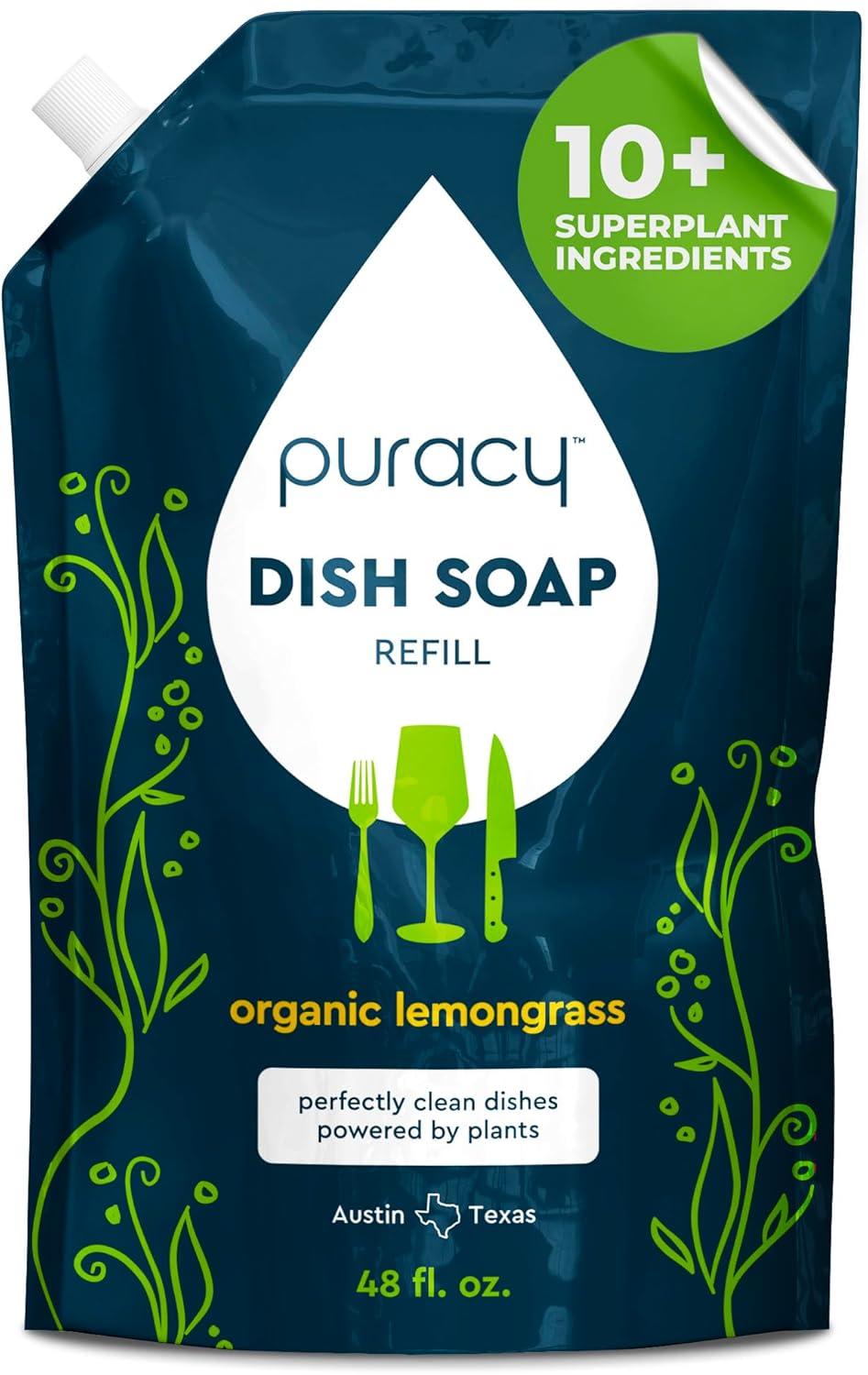 image:imagePuracy Natural Dish Soap Refill SkinSoftening PlantBased Liquid Dishwashing Detergent Soap CleanRinsing WaterSheeting Formula Organic Lemongrass 48 fl ozLemongrass