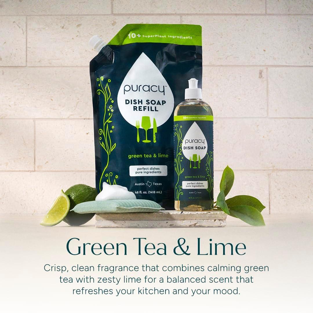 image:imagePuracy Natural Dish Soap Refill SkinSoftening PlantBased Liquid Dishwashing Detergent Soap CleanRinsing WaterSheeting Formula Organic Lemongrass 48 fl ozGreen Tea Lime
