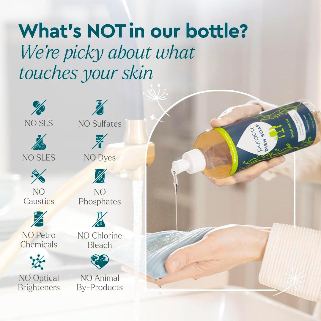image:imagePuracy Natural Dish Soap Refill SkinSoftening PlantBased Liquid Dishwashing Detergent Soap CleanRinsing WaterSheeting Formula Organic Lemongrass 48 fl ozCitrus