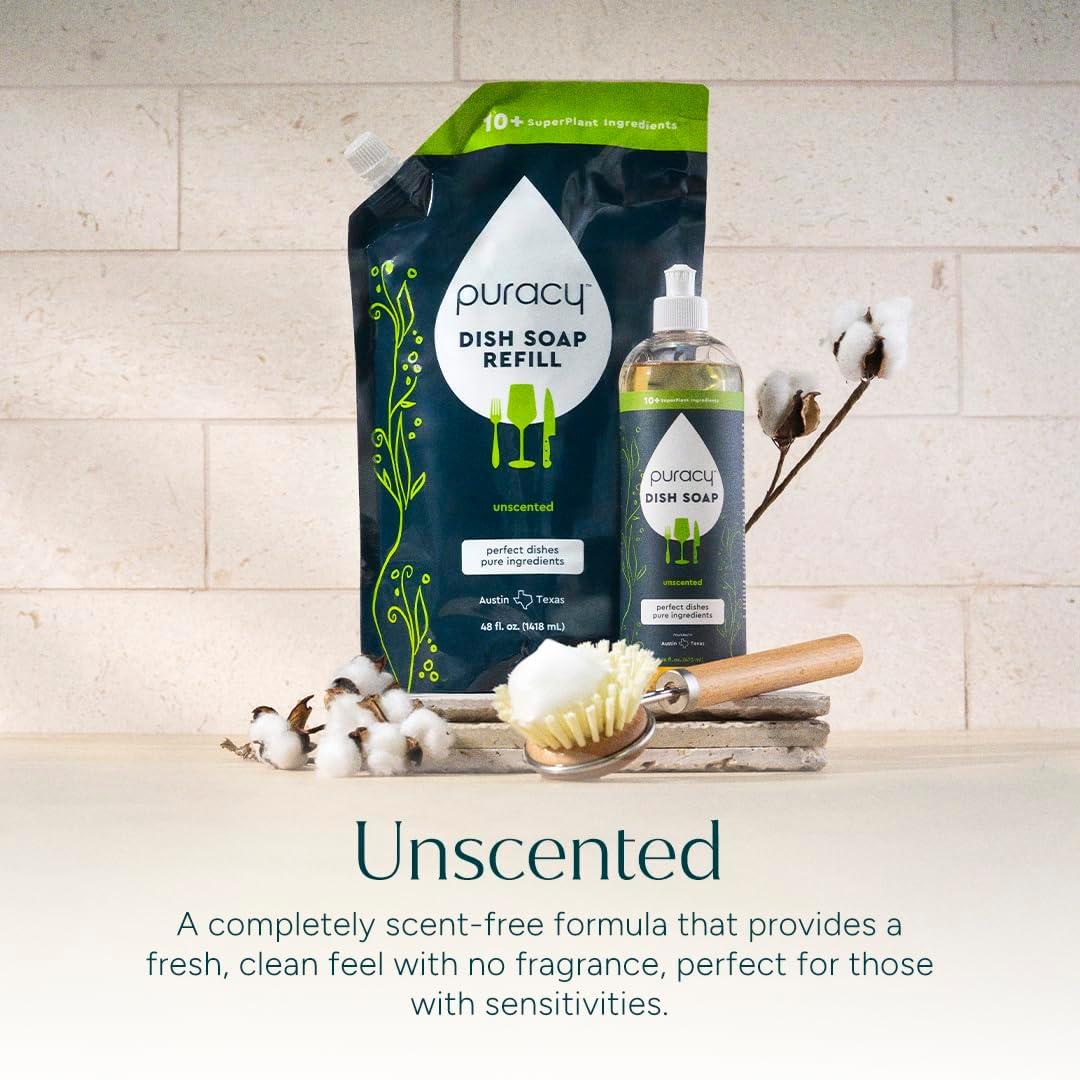 image:imagePuracy Natural Dish Soap Refill SkinSoftening PlantBased Liquid Dishwashing Detergent Soap CleanRinsing WaterSheeting Formula Organic Lemongrass 48 fl ozFree Clear