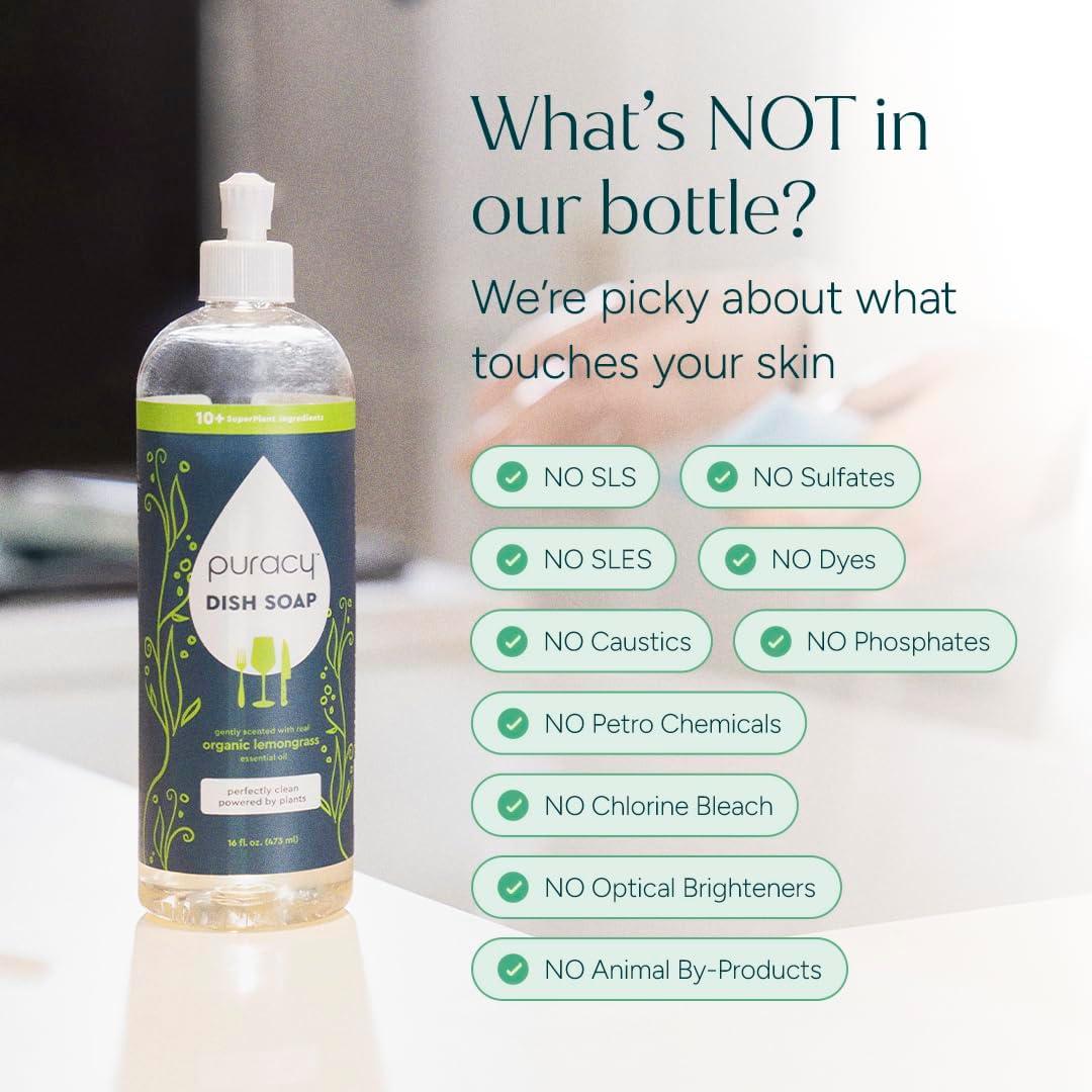 image:imagePuracy Natural Dish Soap Refill SkinSoftening PlantBased Liquid Dishwashing Detergent Soap CleanRinsing WaterSheeting Formula Organic Lemongrass 48 fl ozLemongrass