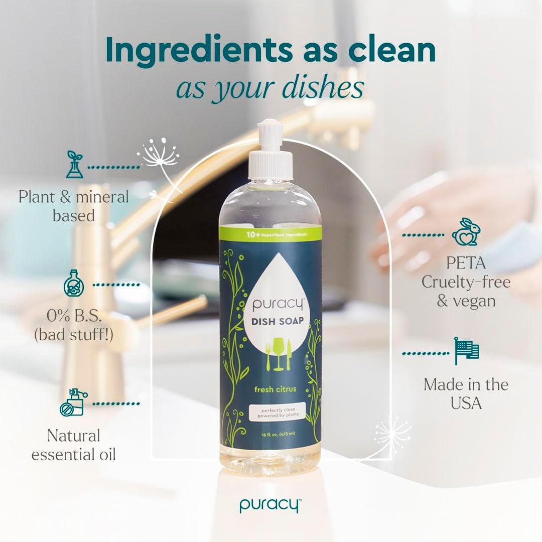 image:imagePuracy Natural Dish Soap Refill SkinSoftening PlantBased Liquid Dishwashing Detergent Soap CleanRinsing WaterSheeting Formula Organic Lemongrass 48 fl ozCitrus
