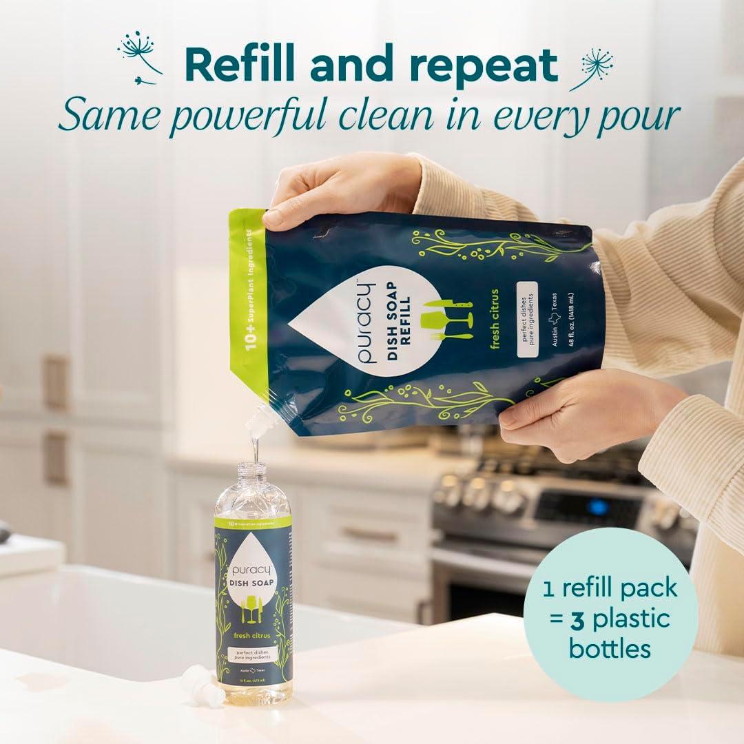image:imagePuracy Natural Dish Soap Refill SkinSoftening PlantBased Liquid Dishwashing Detergent Soap CleanRinsing WaterSheeting Formula Organic Lemongrass 48 fl ozCitrus