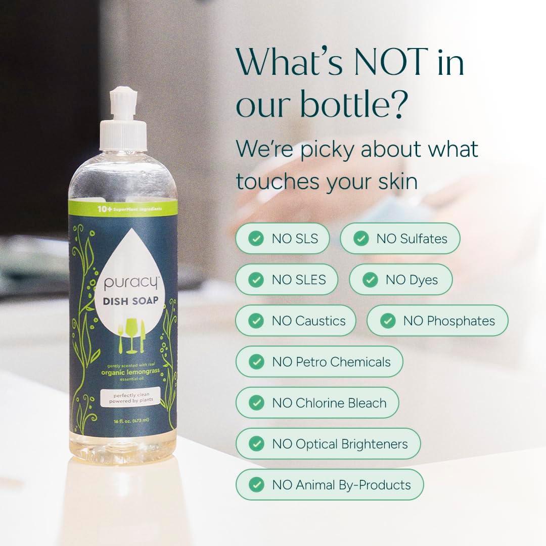 image:imagePuracy Natural Dish Soap Refill SkinSoftening PlantBased Liquid Dishwashing Detergent Soap CleanRinsing WaterSheeting Formula Organic Lemongrass 48 fl ozLemongrass
