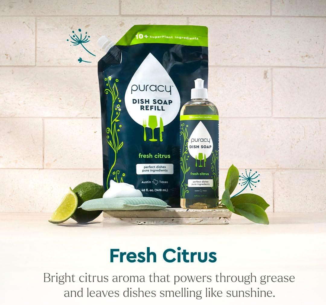 image:imagePuracy Natural Dish Soap Refill SkinSoftening PlantBased Liquid Dishwashing Detergent Soap CleanRinsing WaterSheeting Formula Organic Lemongrass 48 fl ozCitrus