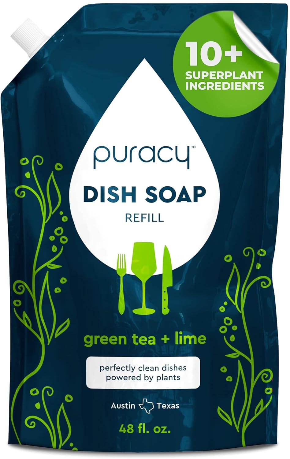 image:imagePuracy Natural Dish Soap Refill SkinSoftening PlantBased Liquid Dishwashing Detergent Soap CleanRinsing WaterSheeting Formula Organic Lemongrass 48 fl ozGreen Tea Lime