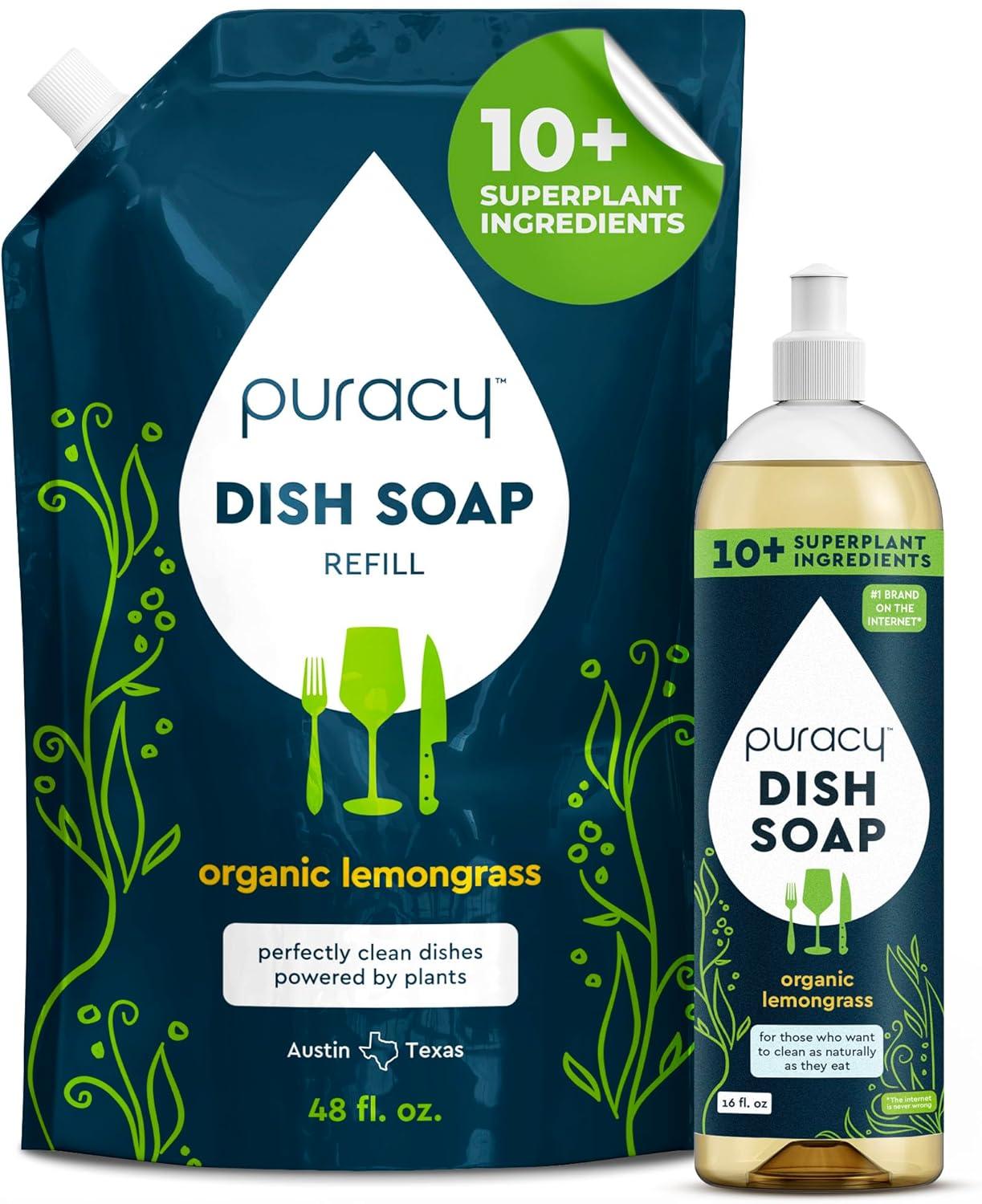 image:imagePuracy Natural Dish Soap Refill SkinSoftening PlantBased Liquid Dishwashing Detergent Soap CleanRinsing WaterSheeting Formula Organic Lemongrass 48 fl ozLemongrass