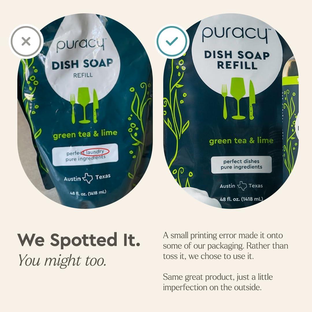 image:imagePuracy Natural Dish Soap Refill SkinSoftening PlantBased Liquid Dishwashing Detergent Soap CleanRinsing WaterSheeting Formula Organic Lemongrass 48 fl ozGreen Tea Lime
