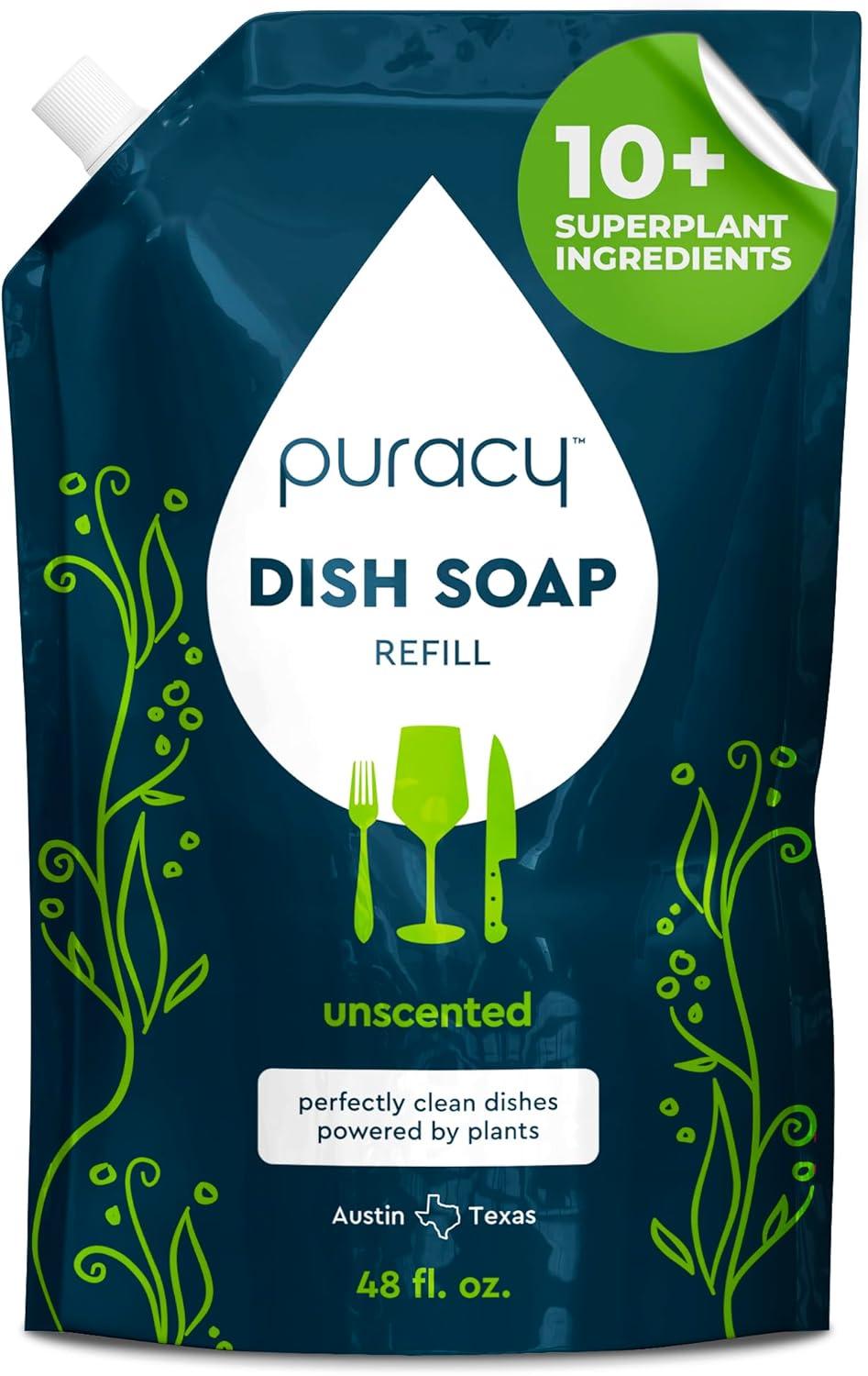 image:imagePuracy Natural Dish Soap Refill SkinSoftening PlantBased Liquid Dishwashing Detergent Soap CleanRinsing WaterSheeting Formula Organic Lemongrass 48 fl ozFree Clear