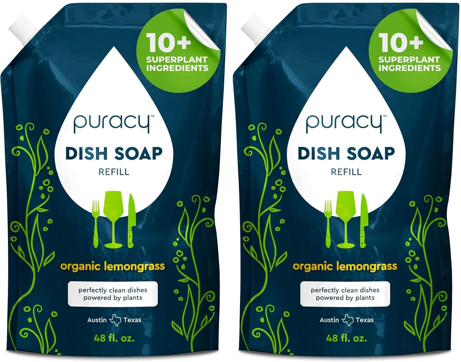 image:imagePuracy Natural Dish Soap Refill SkinSoftening PlantBased Liquid Dishwashing Detergent Soap CleanRinsing WaterSheeting Formula Organic Lemongrass 48 fl ozLemongrass