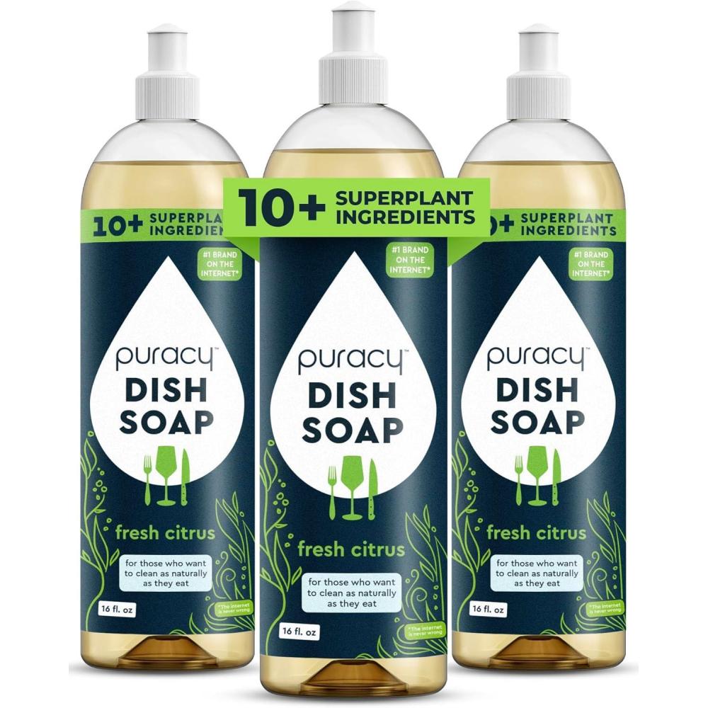 image:imagePuracy Natural Dish Soap Refill SkinSoftening PlantBased Liquid Dishwashing Detergent Soap CleanRinsing WaterSheeting Formula Organic Lemongrass 48 fl ozCitrus