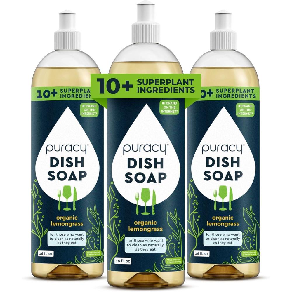 image:imagePuracy Natural Dish Soap Refill SkinSoftening PlantBased Liquid Dishwashing Detergent Soap CleanRinsing WaterSheeting Formula Organic Lemongrass 48 fl ozLemongrass
