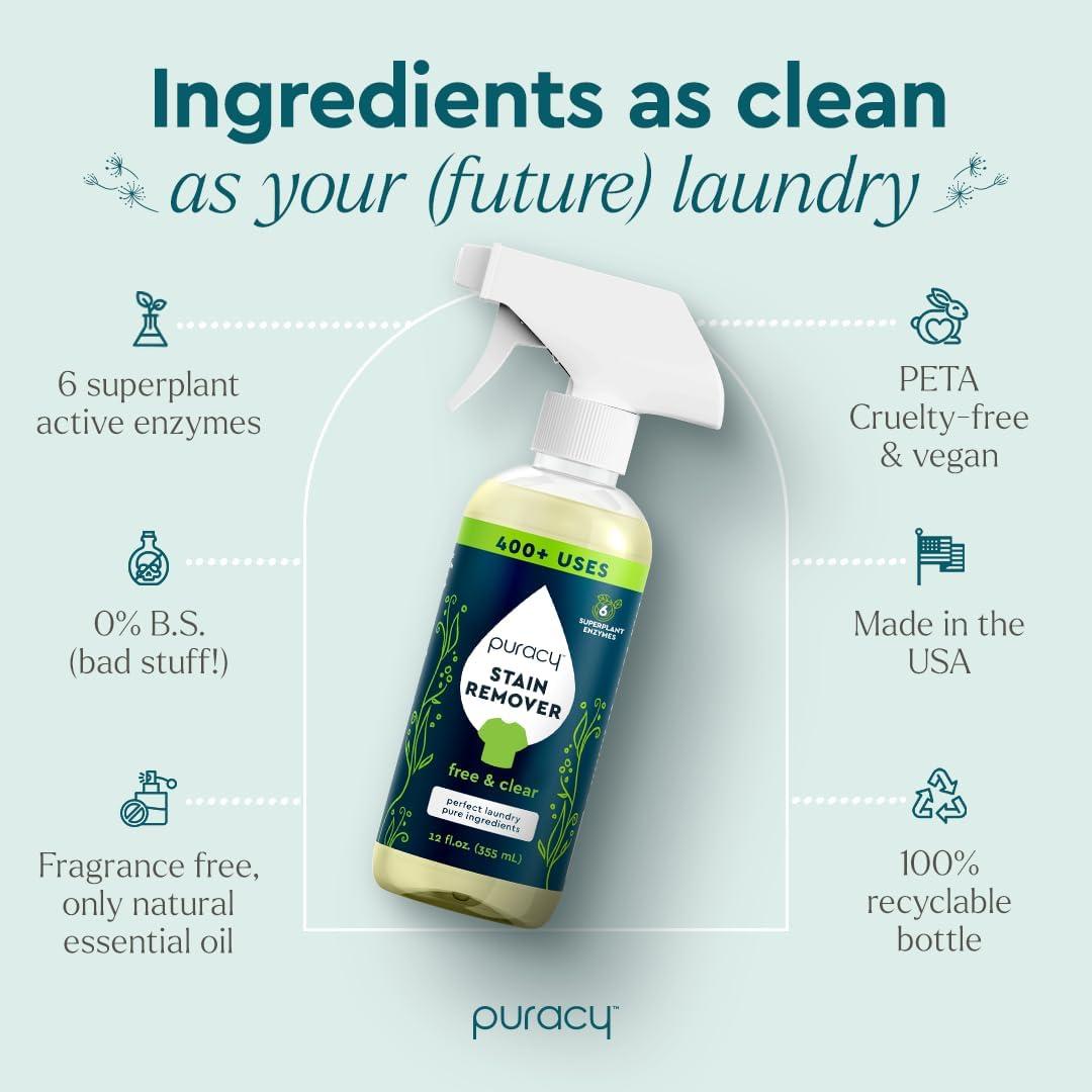 image:imagePuracy Stain Remover with Laundry Brush Natural Spot Cleaner Spray for Clothes and Laundry Travel and Oil Stain Removal 12oz