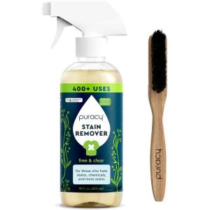 Puracy Stain Remover with Laundry Brush – Natural Spot Cleaner Spray for Clothes and Laundry, Travel and Oil Stain Removal – 12oz